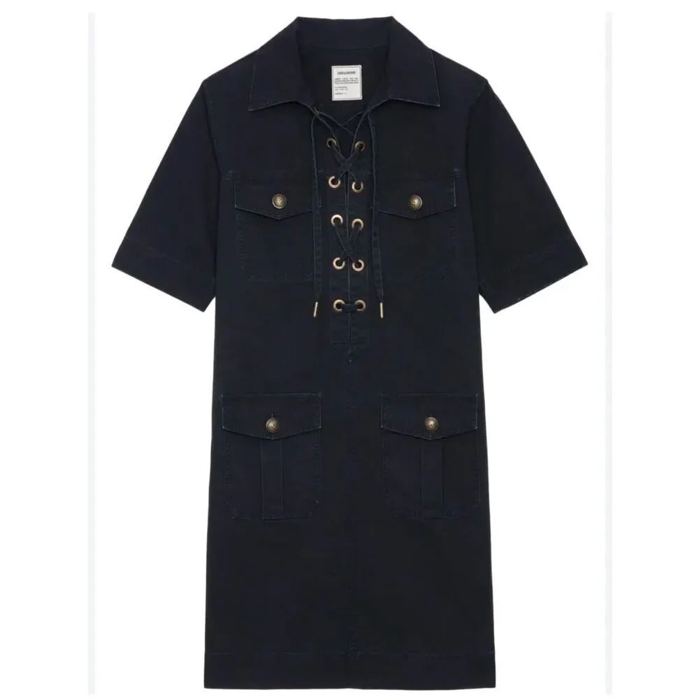 Zadig & Voltaire Lace up Utility Mini Sporty Shirt Dress in black cotton